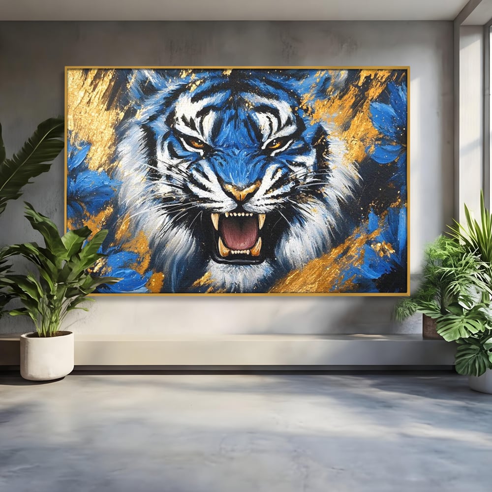 Tablou canvas cu tablou canvas cu tigru albastru si flori, in rama de aluminiu auriu
